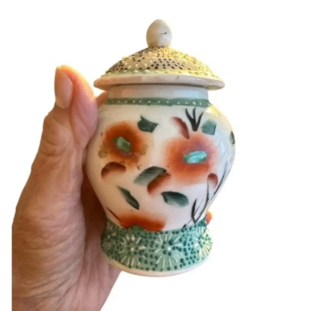 Small Vintage Orange Green Floral Raised Dots 5” Ginger Jar